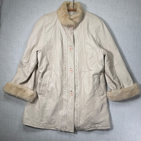 Vintage 60s Phil M. Stupp Fur Collar Button Jacket Cream Leather Size XL